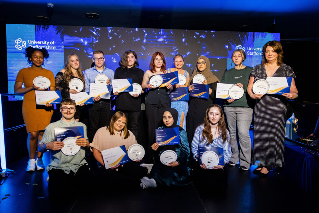 Stoke on Trent College Celebrating Success 2025 Award Winners on stage, with LED screen in the background.