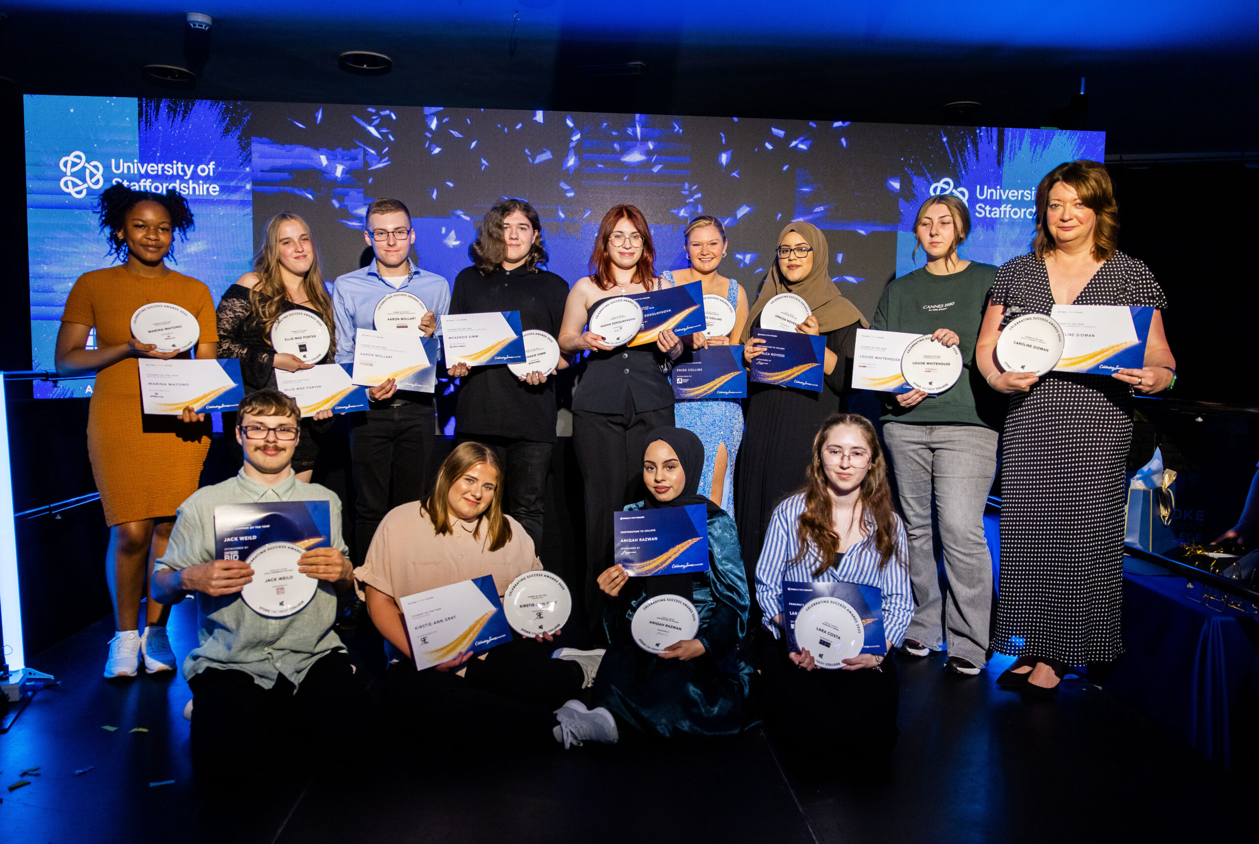 Stoke on Trent College Celebrating Success 2025 Award Winners on stage, with LED screen in the background.